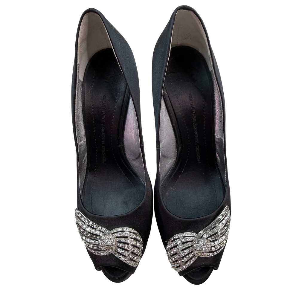 Giuseppe Zanotti Black Satin Crystal Bow Peep Toe Pumps Heels Size 10 Luxury